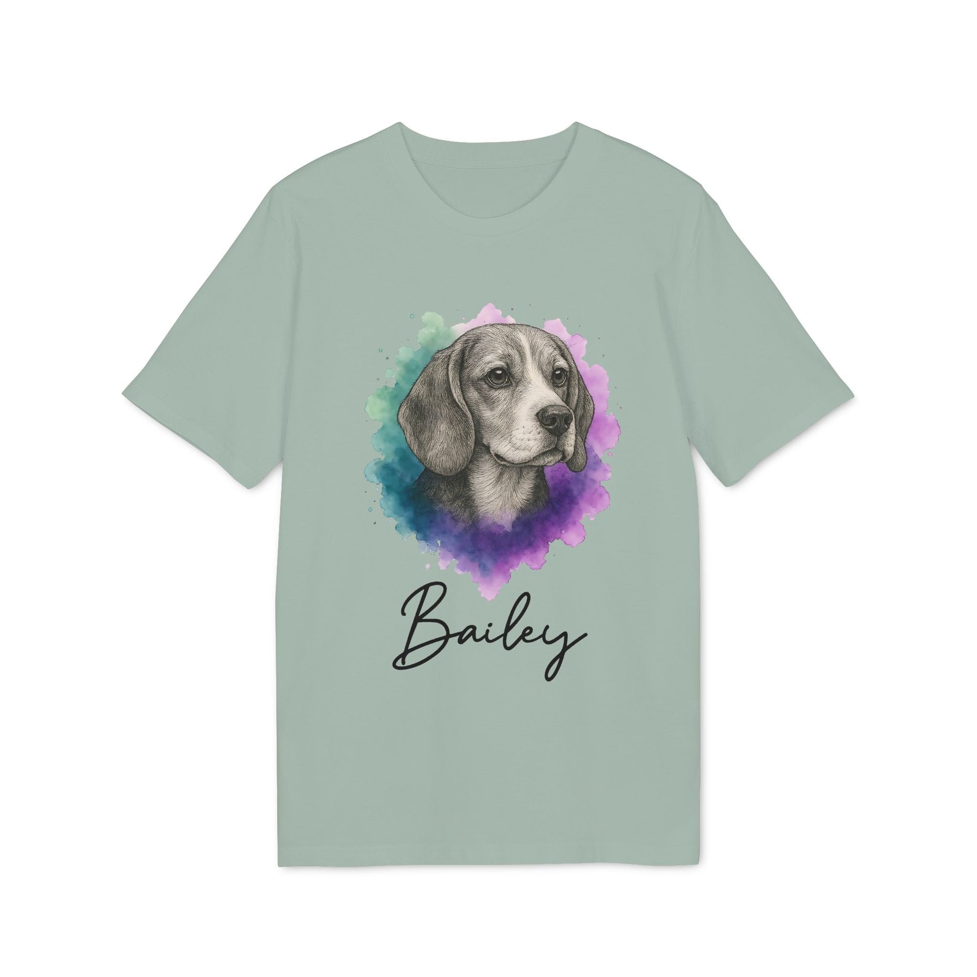 Alt Tag: Beagle Personalized Dog Sustainable Unisex Tee con ilustración de beagle en acuarela y nombre personalizado "Bailey" en camiseta unisex