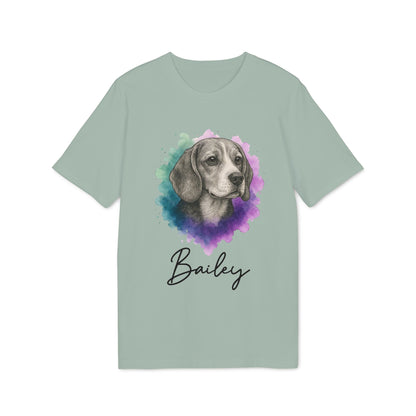 Alt Tag: Beagle Personalized Dog Sustainable Unisex Tee con ilustración de beagle en acuarela y nombre personalizado "Bailey" en camiseta unisex