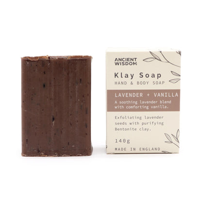 Alt Tag: Bentonite Clay Soap – Lavender & Vanilla 145G bar soap with box packaging, Ancient Wisdom hand & body soap, 140g