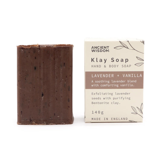 Alt Tag: Bentonite Clay Soap – Lavender & Vanilla 145G bar soap with box packaging, Ancient Wisdom hand & body soap, 140g