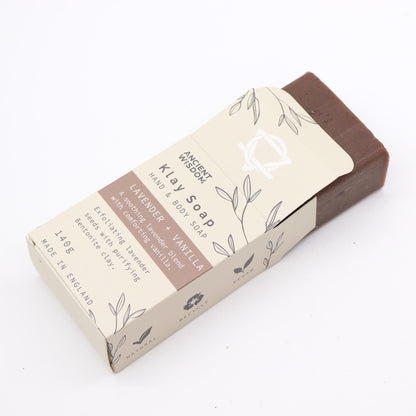 Bentonite Clay Soap – Lavender & Vanilla 145G barra de jabón artesanal en caja, aroma lavanda y vainilla, 145 g