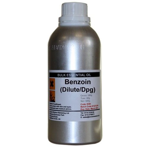 Alt Tag: Benzoin Essential Oil – 0.5 KG bottle, bulk essential oil label Benzoin (Dilute/DPG), 500 g container