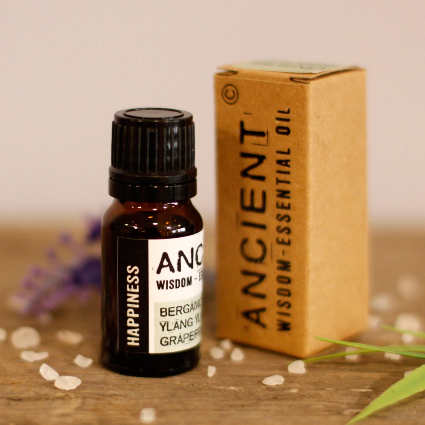 Bergamot & Ylang Ylang Essential Oil – 10ML bottle with AncienT Wisdom Happiness label and box, 10ml essential oil blend