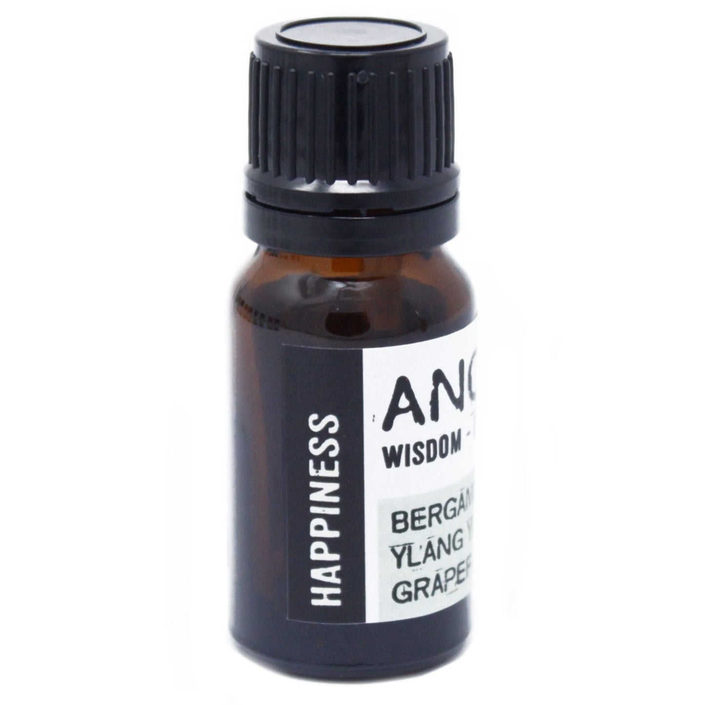 Alt Tag: Bergamot & Ylang Ylang Essential Oil – 10ML frasco de aceite esencial 10 ml con etiqueta Happiness, mezcla con bergamota y ylang ylang