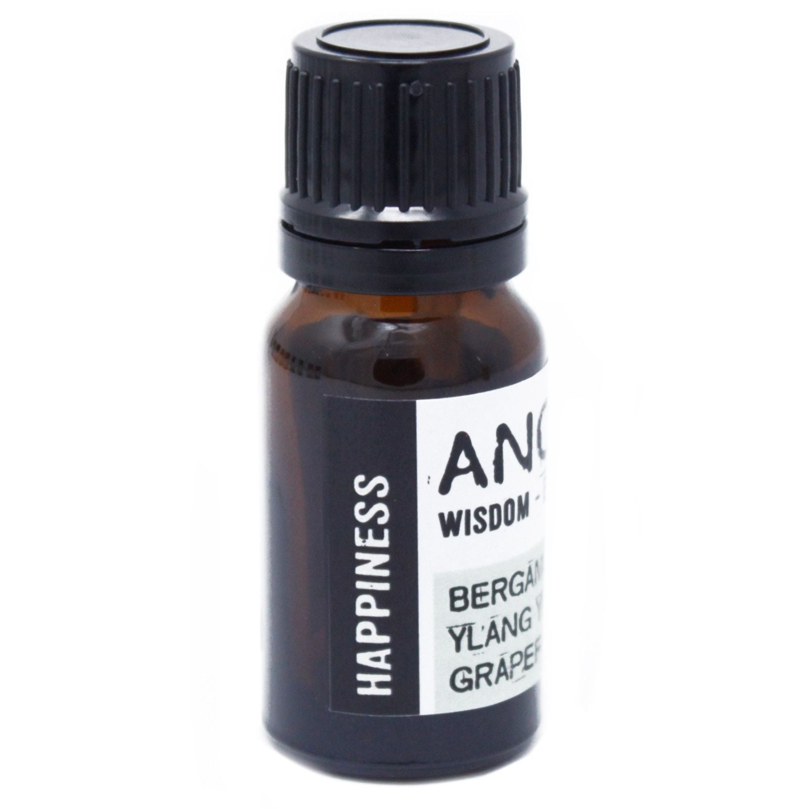 Alt Tag: Bergamot & Ylang Ylang Essential Oil – 10ML frasco de aceite esencial 10 ml con etiqueta Happiness, mezcla con bergamota y ylang ylang