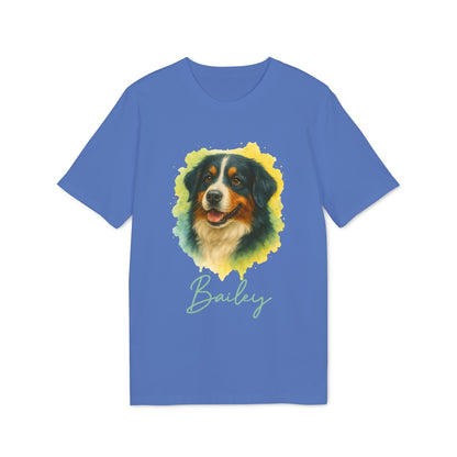 Berner Sennenhund Personalized Dog 100% Organic Cotton T-Shirt azul con retrato de perro y nombre Bailey
