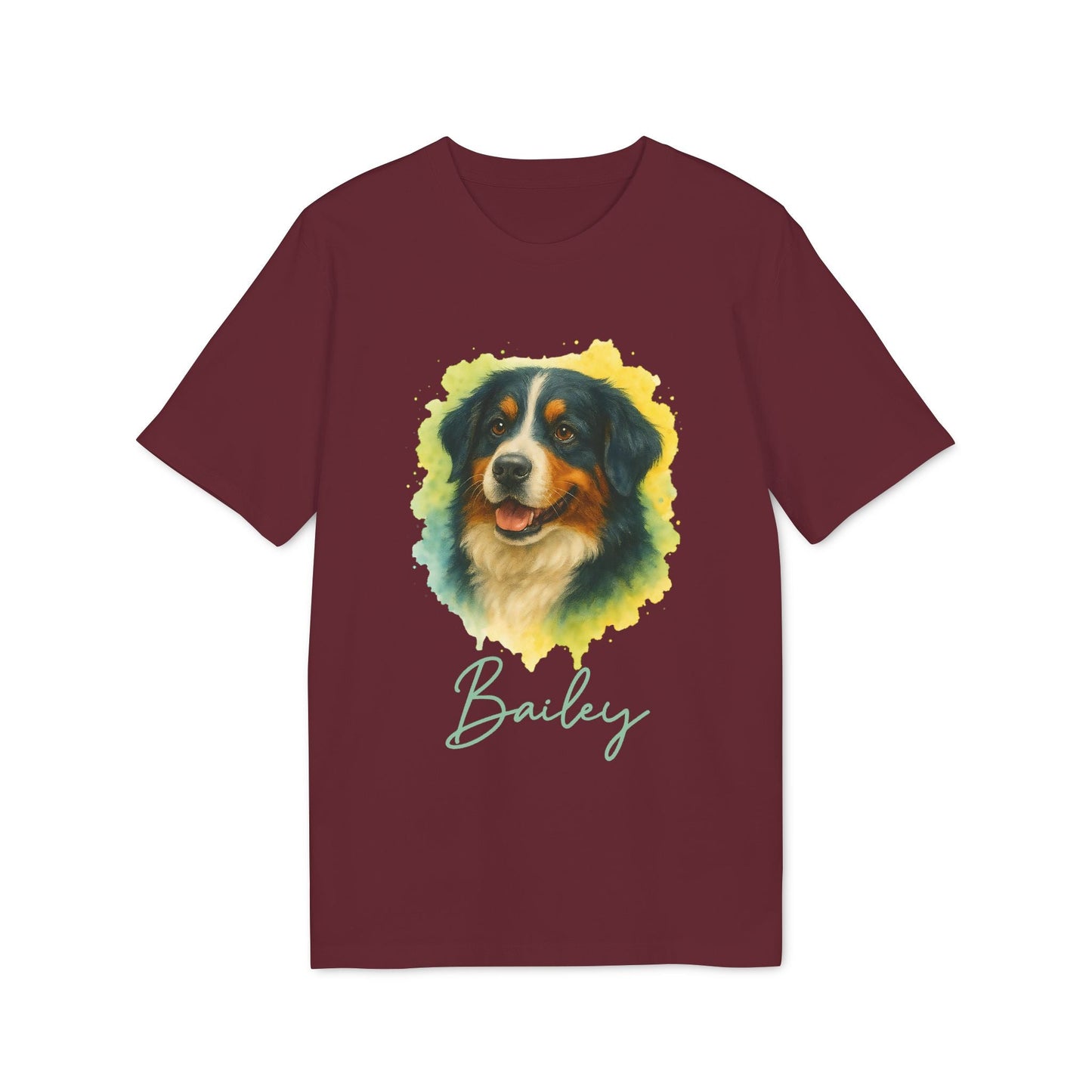 Alt Tag: Berner Sennenhund Personalized Dog 100% Organic Cotton T-Shirt, maroon tee with Bernese Mountain Dog portrait and name "Bailey"