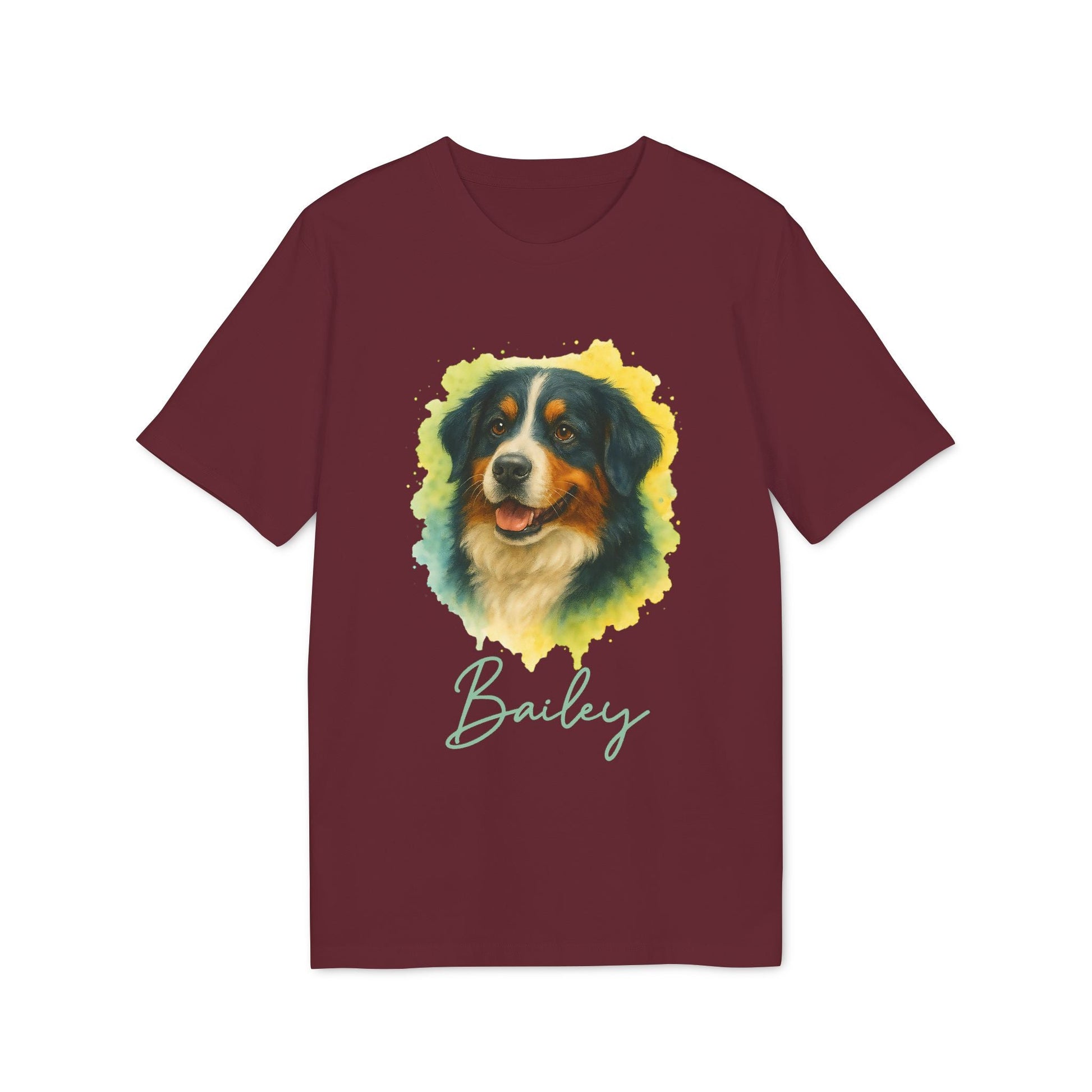 Alt Tag: Berner Sennenhund Personalized Dog 100% Organic Cotton T-Shirt, maroon tee with Bernese Mountain Dog portrait and name "Bailey"
