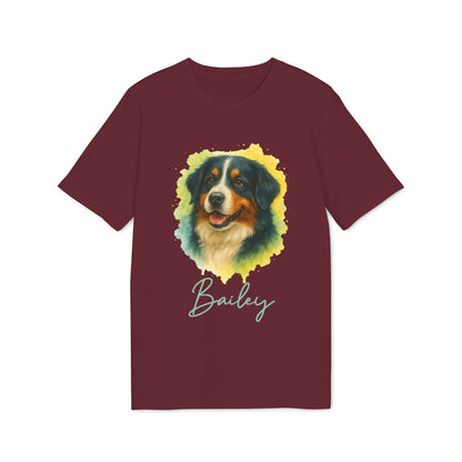 Alt Tag: Berner Sennenhund Personalized Dog 100% Organic Cotton T-Shirt, maroon tee with Bernese Mountain Dog portrait and name "Bailey"