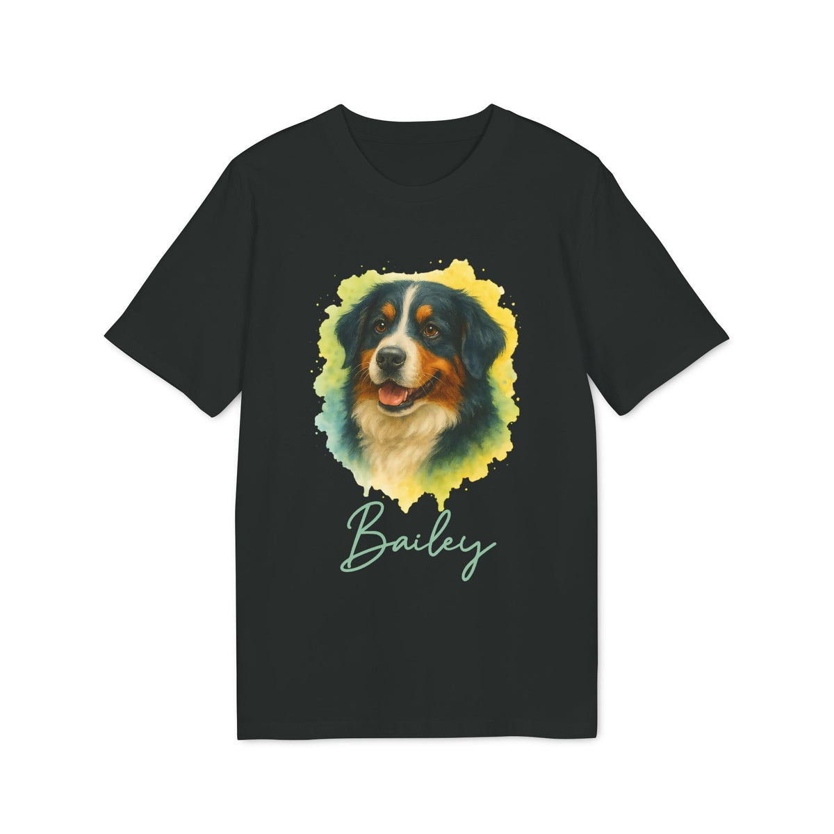 Berner Sennenhund Personalized Dog 100% Organic Cotton T-Shirt con retrato de perro y nombre Bailey, camiseta negra