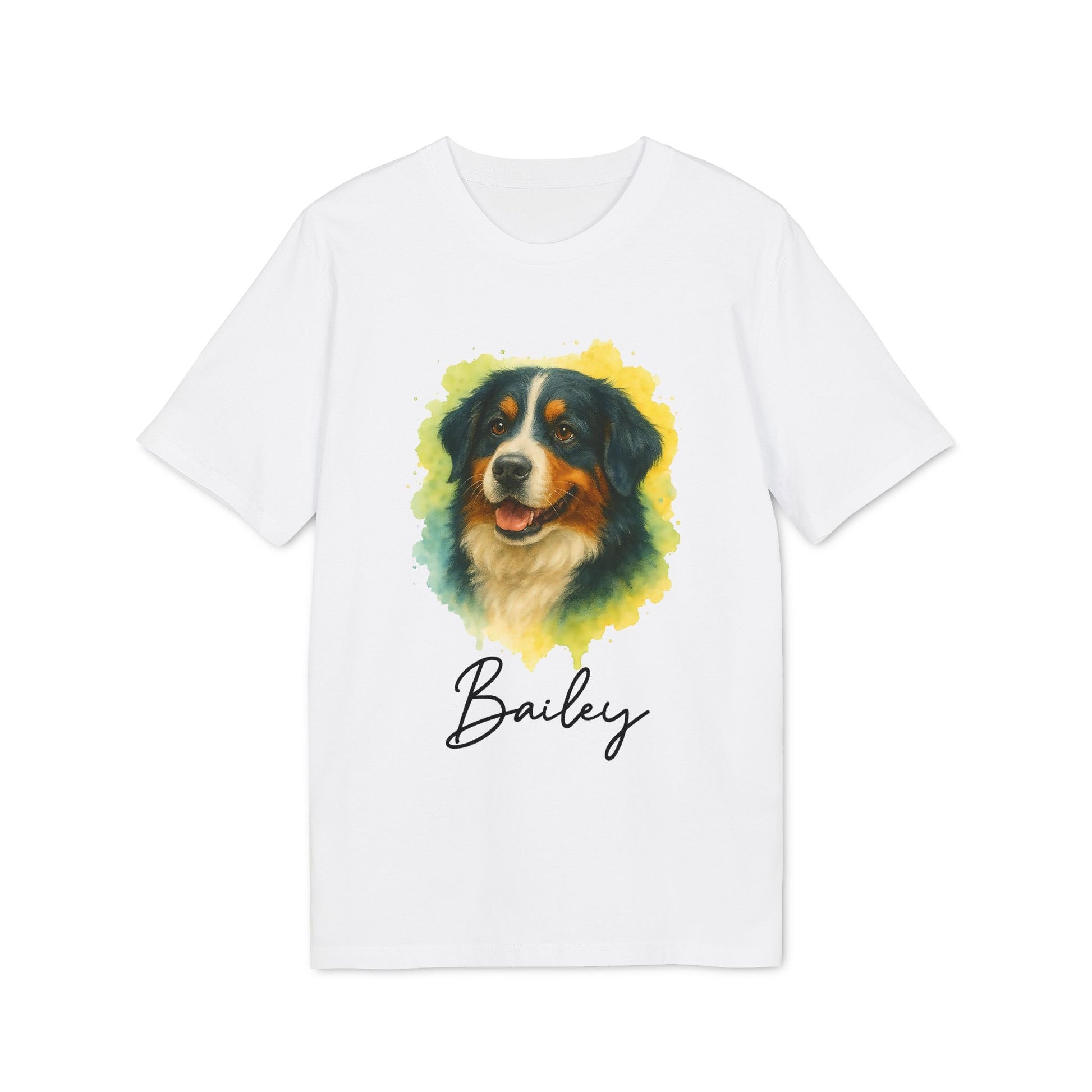 Alt Tag: Berner Sennenhund Personalized Dog 100% Organic Cotton T-Shirt with watercolor Berner Sennenhund portrait and name Bailey on white tee