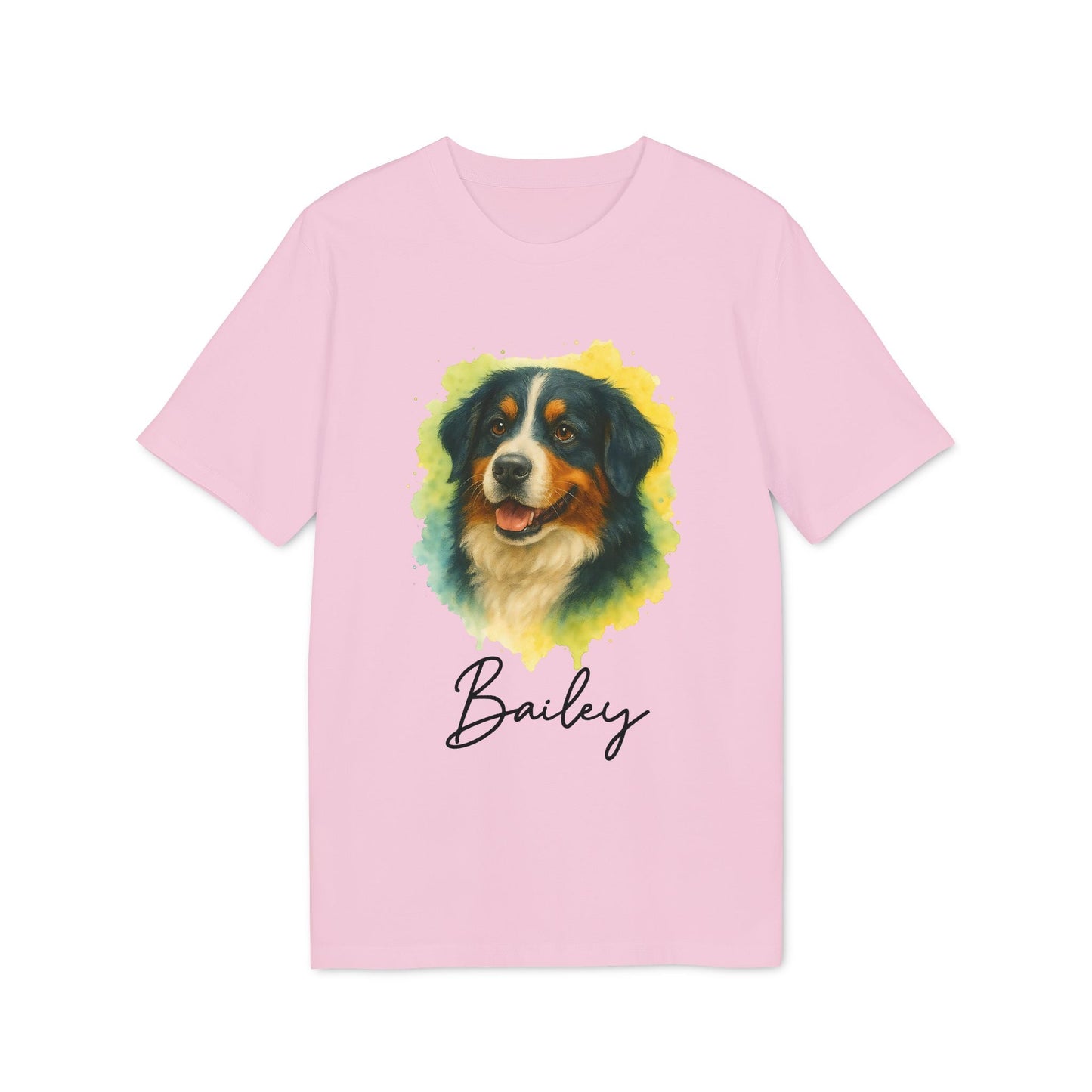 Berner Sennenhund Personalized Dog 100% Organic Cotton T-Shirt pink tee with watercolor dog portrait and custom name Bailey