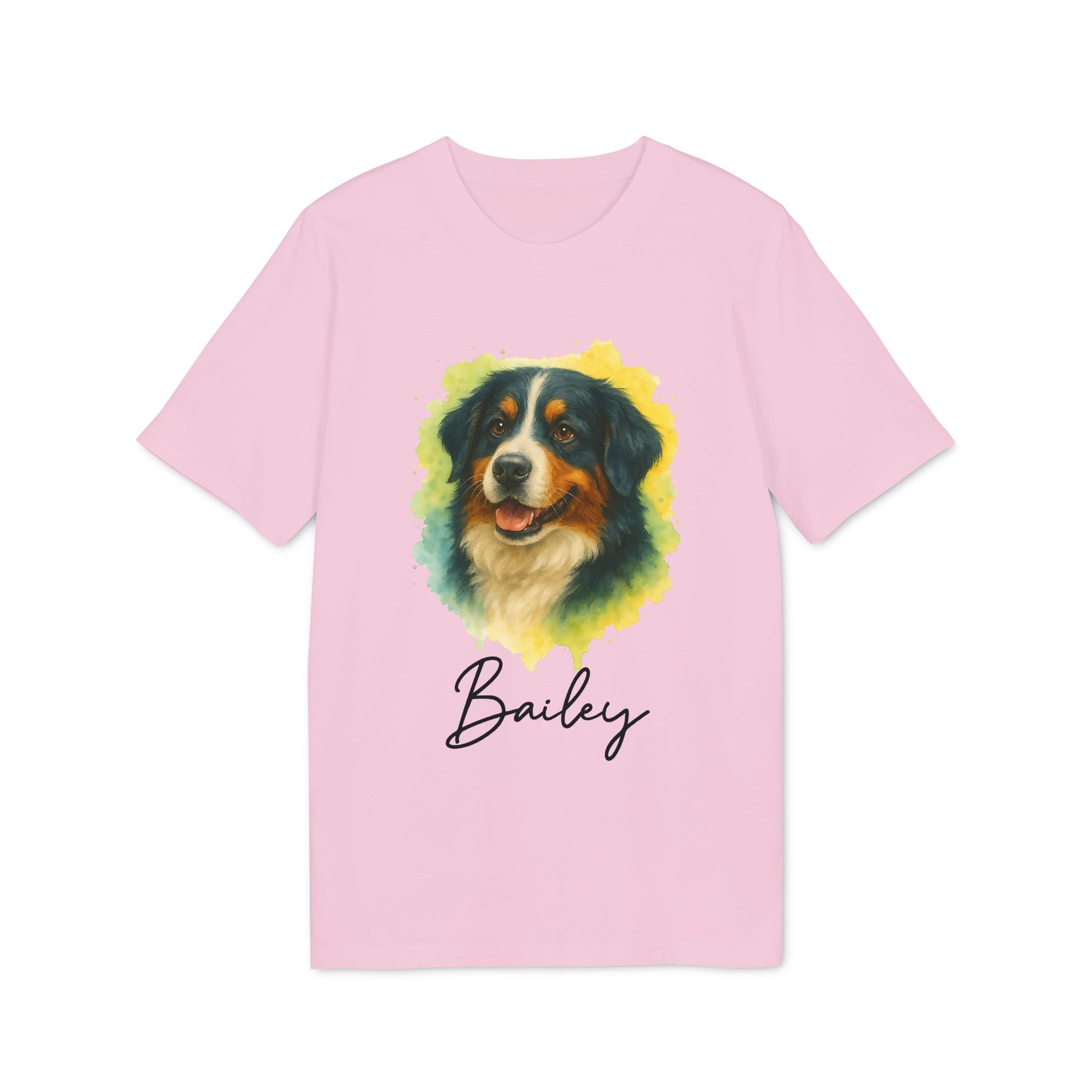 Berner Sennenhund Personalized Dog 100% Organic Cotton T-Shirt pink tee with watercolor dog portrait and custom name Bailey