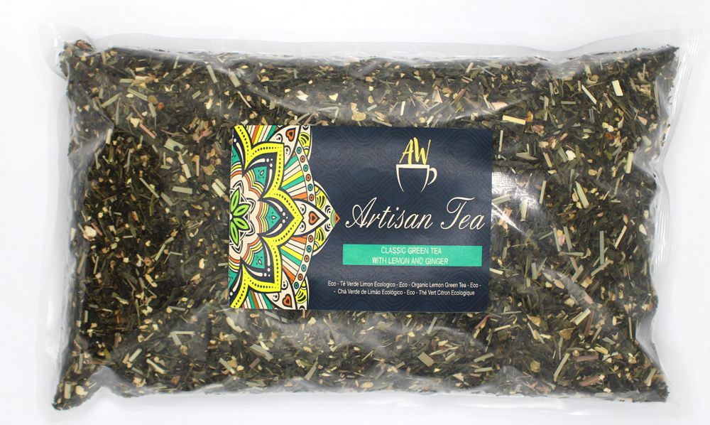 BIO Classic Green Tea with Lemon & Ginger – 1 KG loose leaf green tea blend in clear bag, Artisan Tea label