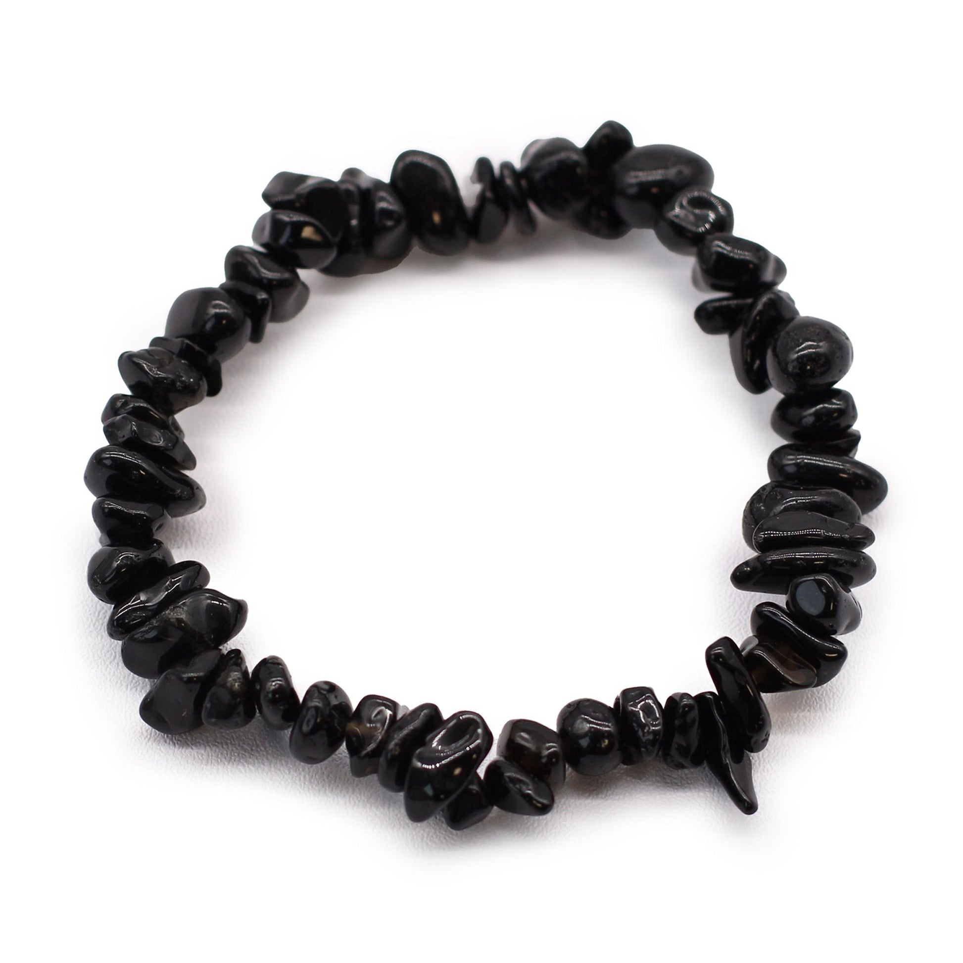 Alt Tag: Elastiskt armband med black agate-chipstone – naturliga black agate-stenchips, minimalistisk handgjord stil