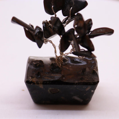 Black Agate Mini Gemstone Tree – 15 Stones with black agate chip leaves, wire branches and orgonite base decor for desk or shelf