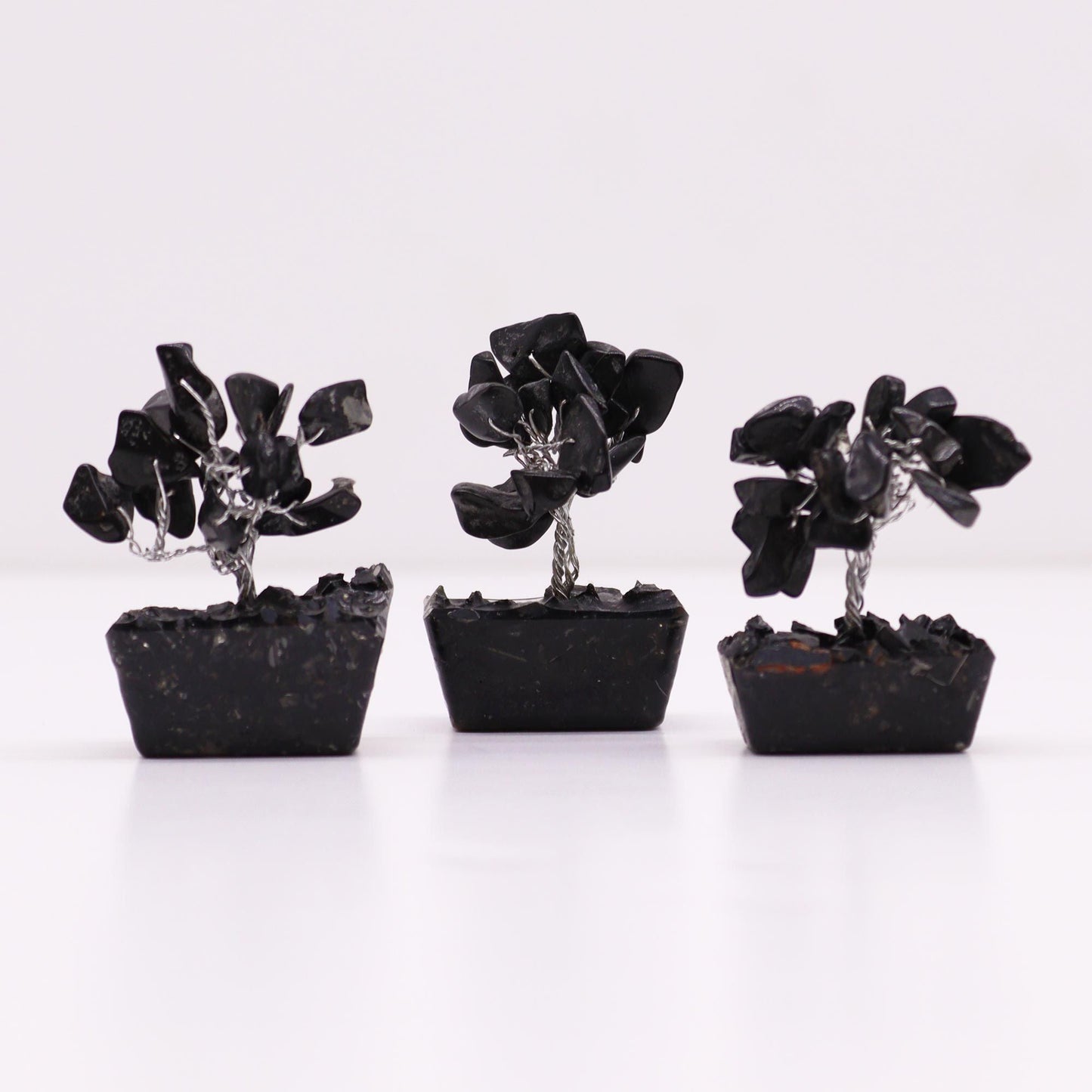 Alt Tag: Black Agate Mini Gemstone Tree – 15 Stones, mini black agate chip trees with orgonite base for desk or shelf decor