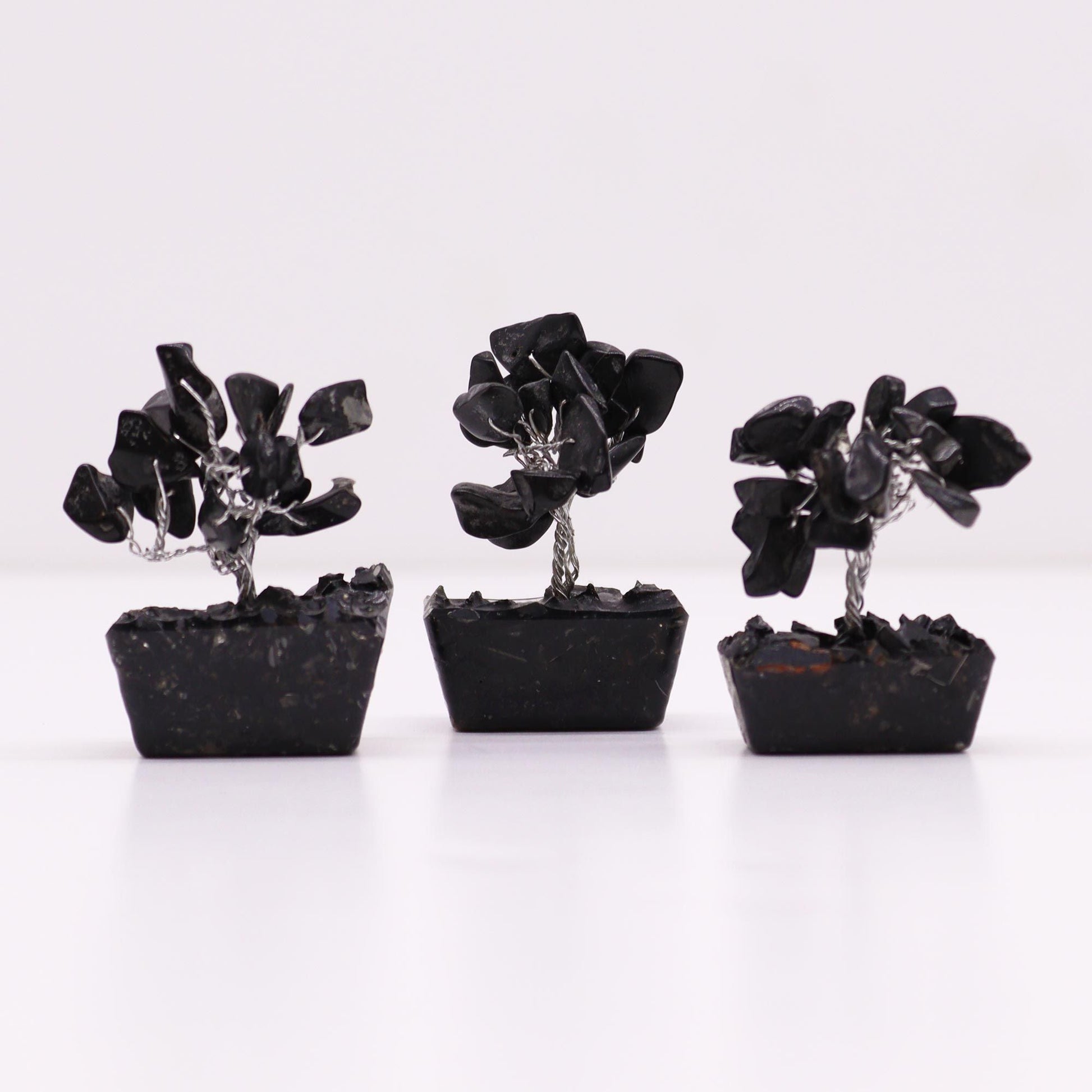 Alt Tag: Black Agate Mini Gemstone Tree – 15 Stones, mini black agate chip trees with orgonite base for desk or shelf decor