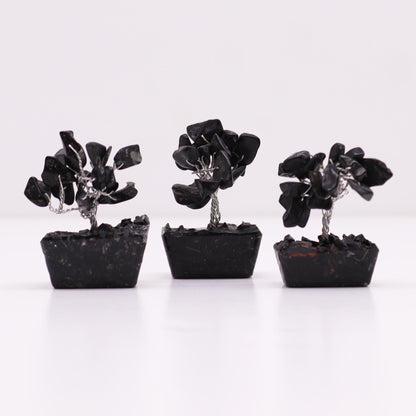 Alt Tag: Black Agate Mini Gemstone Tree – 15 Stones, mini black agate chip trees with orgonite base for desk or shelf decor