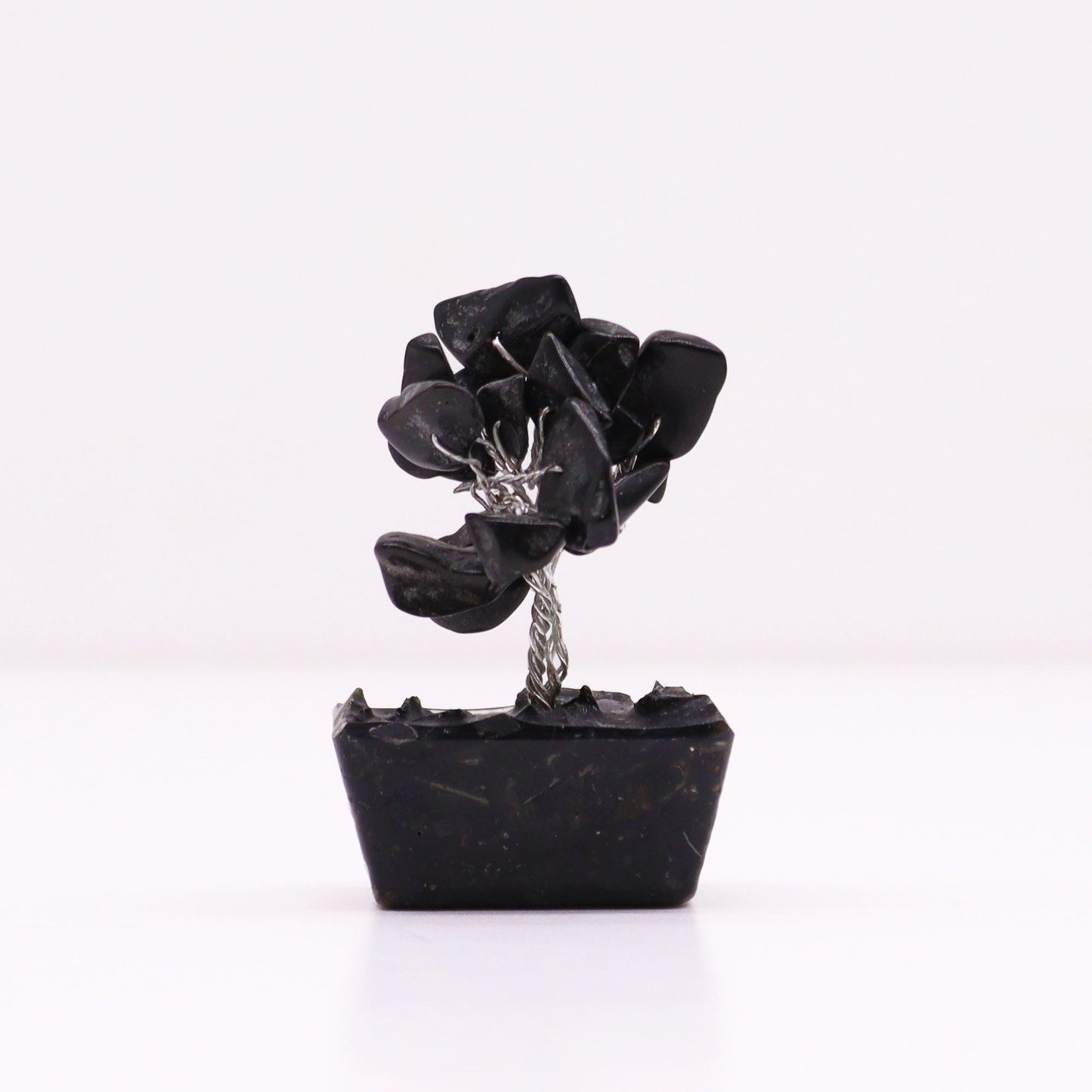 Black Agate Mini Gemstone Tree – 15 Stones with black agate chips, twisted wire trunk and orgonite-style base on white background