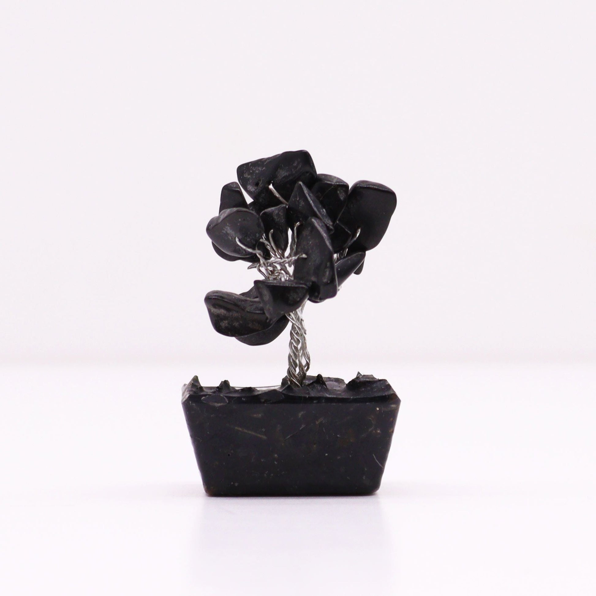 Black Agate Mini Gemstone Tree – 15 Stones with black agate chips, twisted wire trunk and orgonite-style base on white background