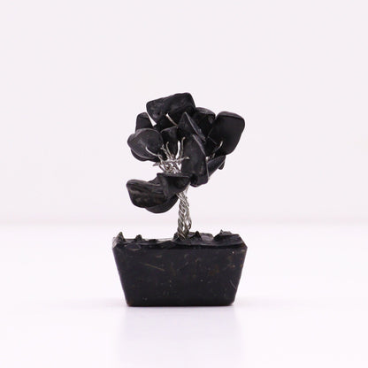 Black Agate Mini Gemstone Tree – 15 Stones with black agate chips, twisted wire trunk and orgonite-style base on white background