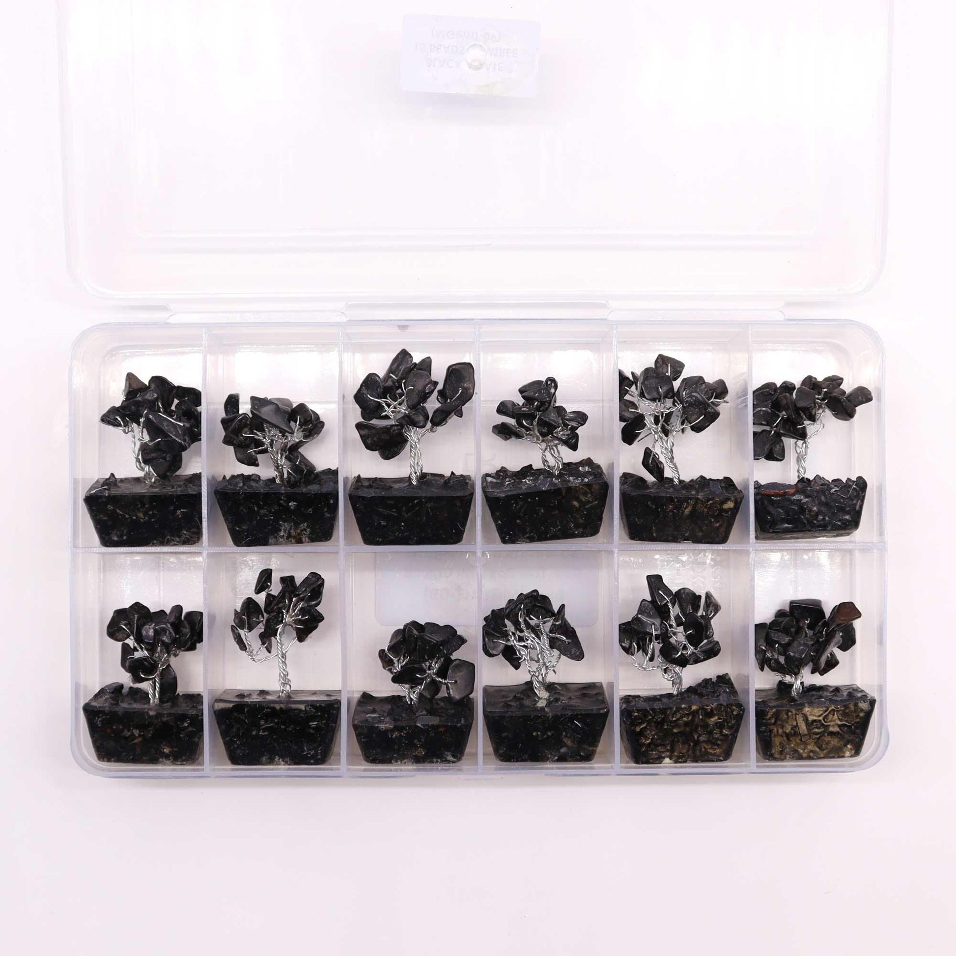 Black Agate Mini Gemstone Tree – 15 Stones set in storage box, mini black agate chip trees with orgonite-style base