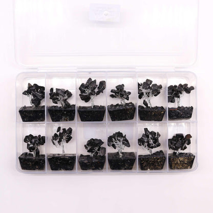 Black Agate Mini Gemstone Tree – 15 Stones set in storage box, mini black agate chip trees with orgonite-style base