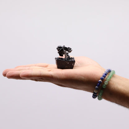 Alt Tag: Black Agate Mini Gemstone Tree – 15 Stones mini árbol de gemas de ágata negra con base, sostenido en la palma de una mano