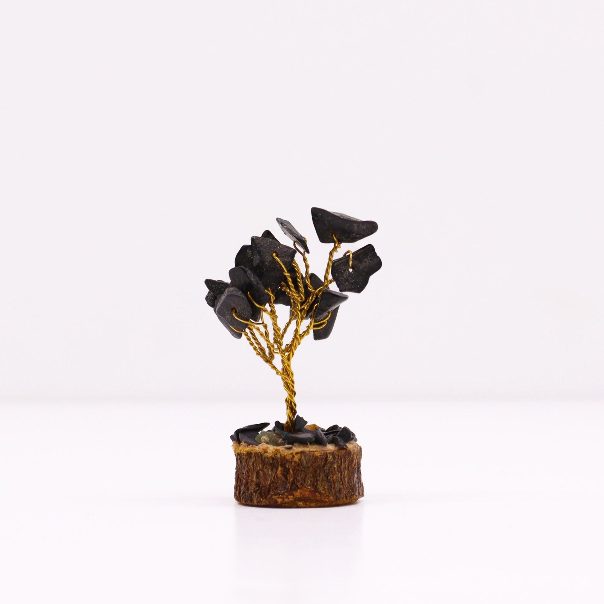 Alt Tag: Black Agate Mini Gemstone Tree – 6CM, 15 Stones decorative mini tree with black agate chips and wire branches on wooden base