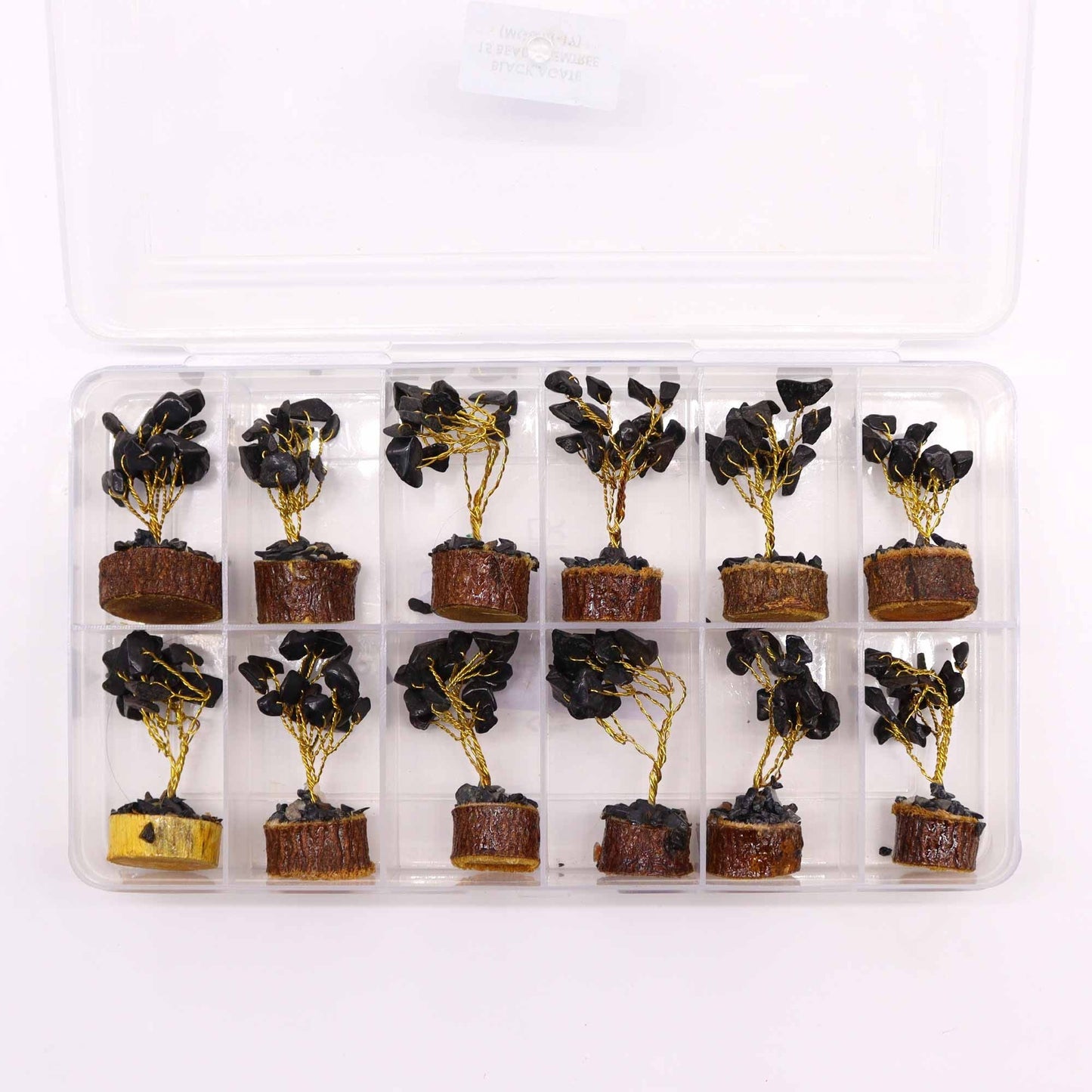 Alt Tag: Black Agate Mini Gemstone Tree – 6CM, 15 Stones mini black gemstone trees in clear organizer box, polished stones on wire branches