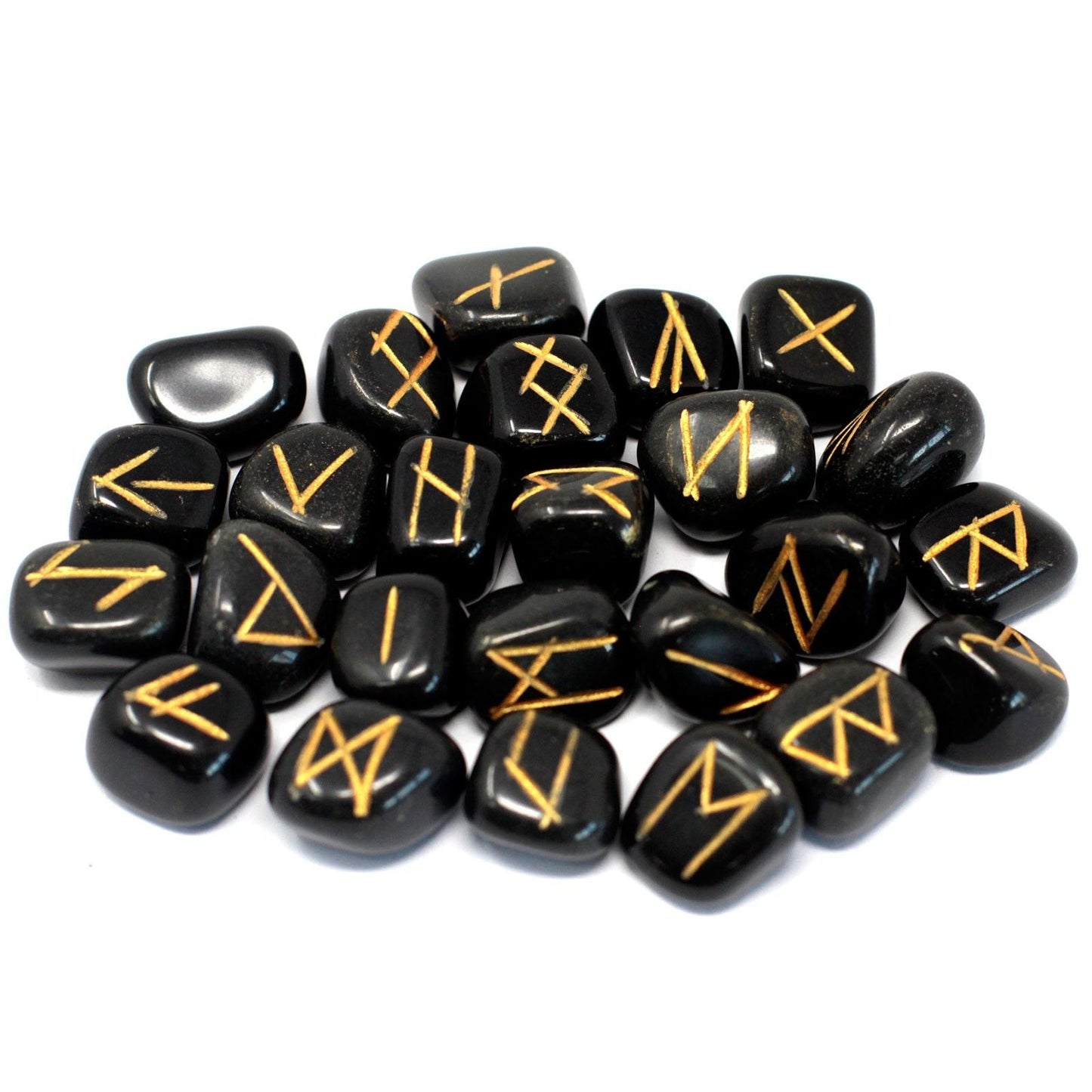 Schwarzes Achat-Runenstein-Set – Beutel mit 25 Stück, schwarz polierte Runensteine mit goldenen Symbolen, 25-teiliges Set