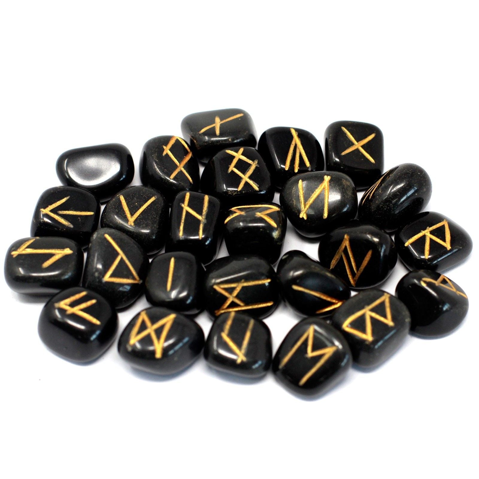 Schwarzes Achat-Runenstein-Set – Beutel mit 25 Stück, schwarz polierte Runensteine mit goldenen Symbolen, 25-teiliges Set