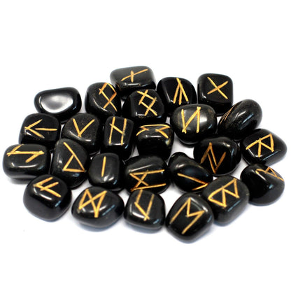 Schwarzes Achat-Runenstein-Set – Beutel mit 25 Stück, schwarz polierte Runensteine mit goldenen Symbolen, 25-teiliges Set