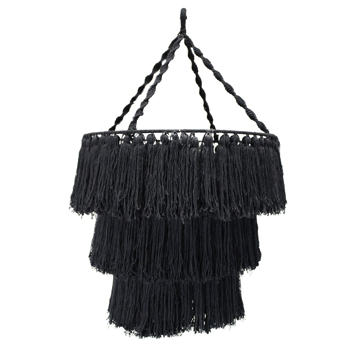 Alt Tag: Black Cotton Macrame Chandelier – 80x50 CM black cotton macrame chandelier lampshade with tiered fringe, handcrafted in Indonesia