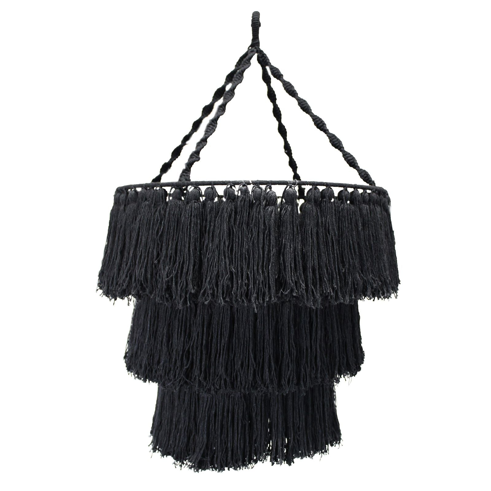 Alt Tag: Black Cotton Macrame Chandelier – 80x50 CM black cotton macrame chandelier lampshade with tiered fringe, handcrafted in Indonesia