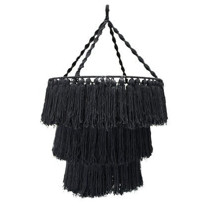 Alt Tag: Black Cotton Macrame Chandelier – 80x50 CM black cotton macrame chandelier lampshade with tiered fringe, handcrafted in Indonesia