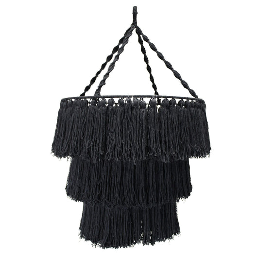 Alt Tag: Black Cotton Macrame Chandelier – 80x50 CM black cotton macrame chandelier lampshade with tiered fringe, handcrafted in Indonesia