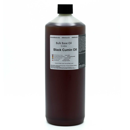 Black Cumin Base Oil – 1 Litre bulk base oil bottle for massage and skin conditioning, 1L amber container with black cap