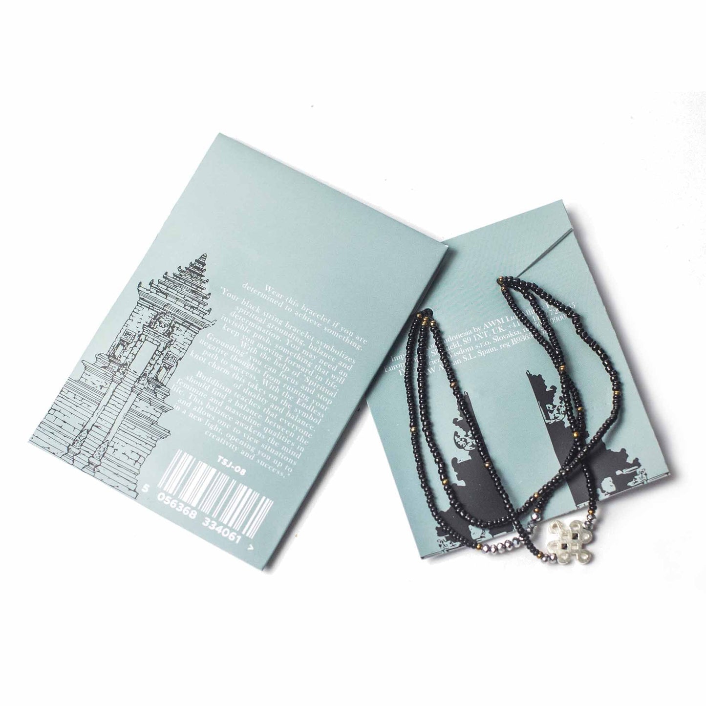 Alt Tag: Black Endless Knot Temple String Bracelet – Spiritual Grounding, black beaded temple string bracelet necklace with silver charm on product cards