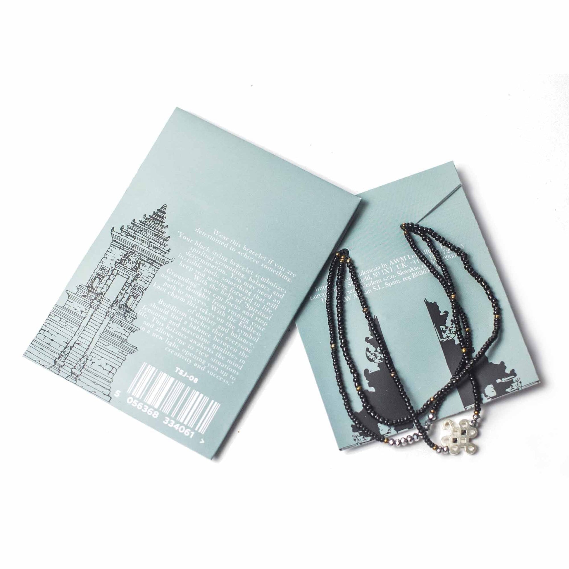 Alt Tag: Black Endless Knot Temple String Bracelet – Spiritual Grounding, black beaded temple string bracelet necklace with silver charm on product cards