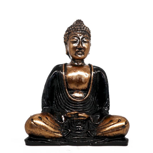 Alt Tag: Black & Gold Buddha – Medium statue in meditative pose, hand-painted matte black and gold finish, home decor
