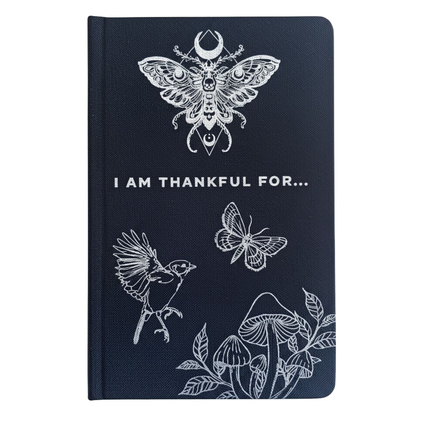 Alt Tag: Diario de gratitud negro con Silver Lining – 120 páginas de "I am Thankful For", tapa negra con arte plateado de polilla, pájaro, mariposa y hongos