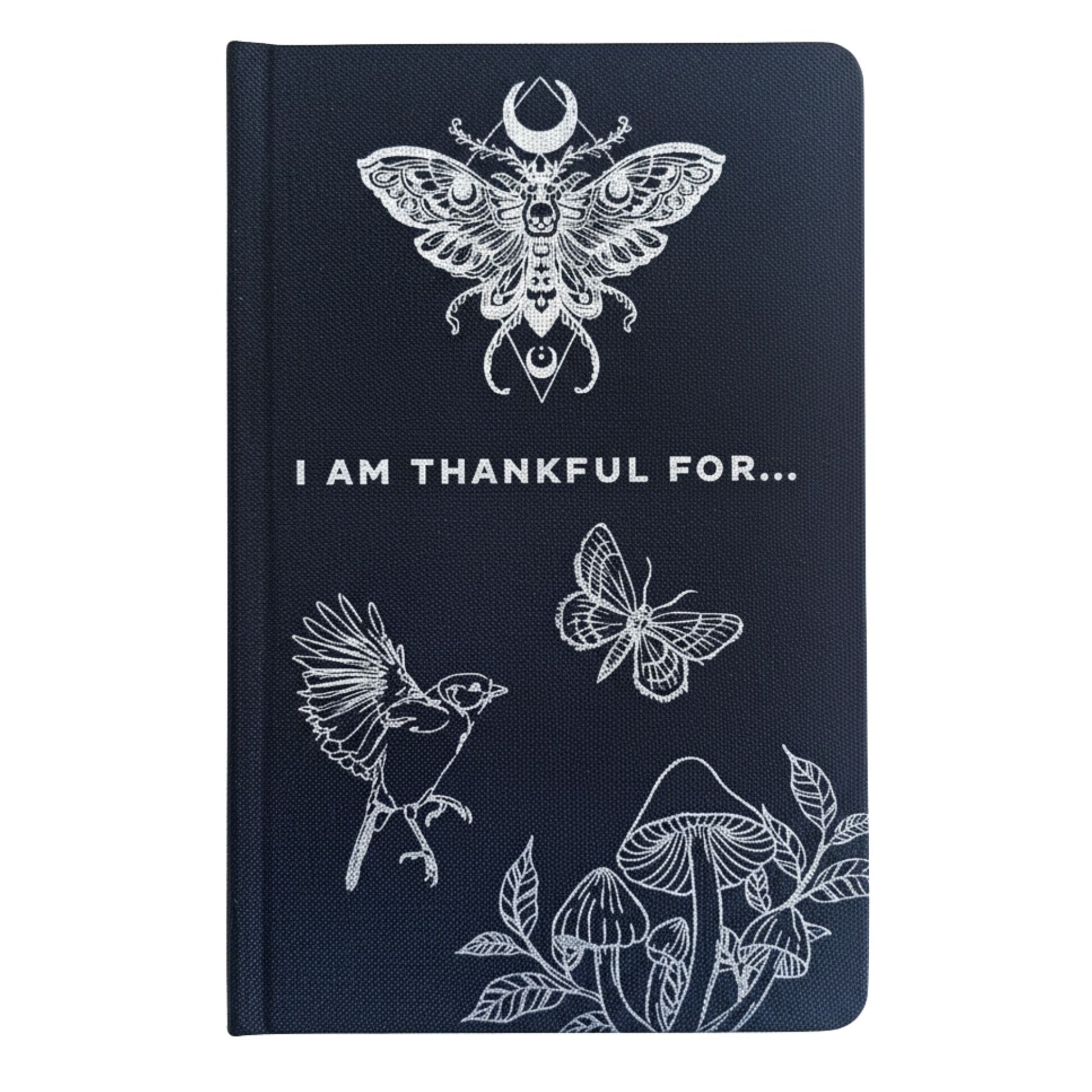 Alt Tag: Diario de gratitud negro con Silver Lining – 120 páginas de "I am Thankful For", tapa negra con arte plateado de polilla, pájaro, mariposa y hongos