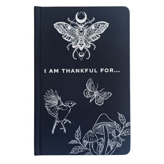 Alt Tag: Black Gratitude Journal with Silver Lining – 120 Pages I am Thankful For, black cover with silver moth, bird, butterfly, and mushroom art