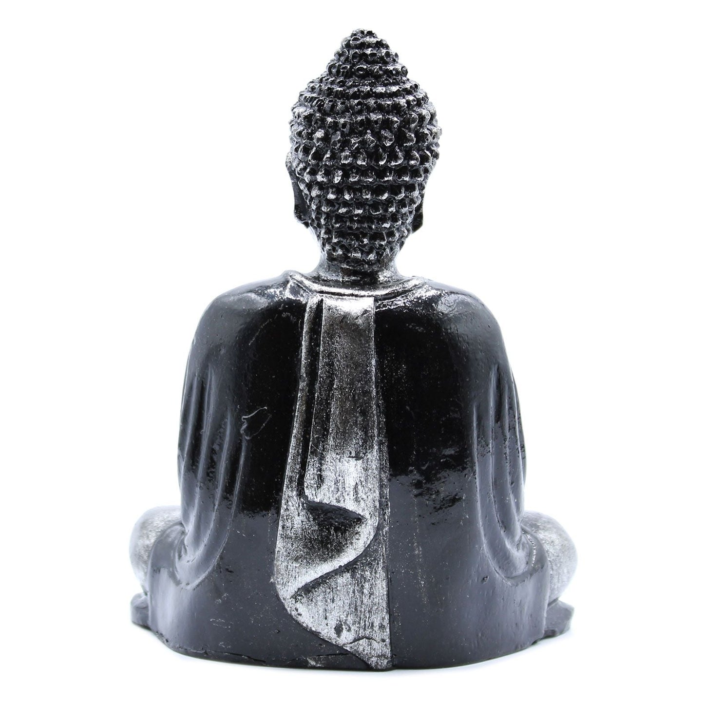 Alt Tag: Black & Grey Buddha Statue – Medium, back view seated Buddha figurine with black and grey finish