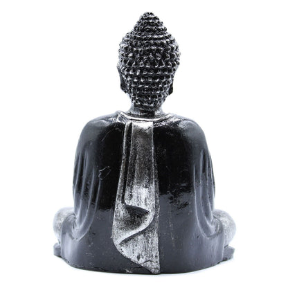 Alt Tag: Black & Grey Buddha Statue – Medium, back view seated Buddha figurine with black and grey finish
