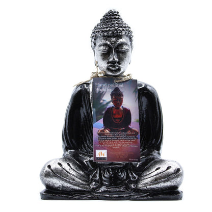 Alt Tag: Black & Grey Buddha Statue – Medium, seated Buddha figurine with black and grey finish, front view