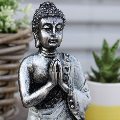 Alt Tag: Black & Grey Buddha Statue – Medium praying hands meditation decor, black and grey finish, medium size tabletop statue