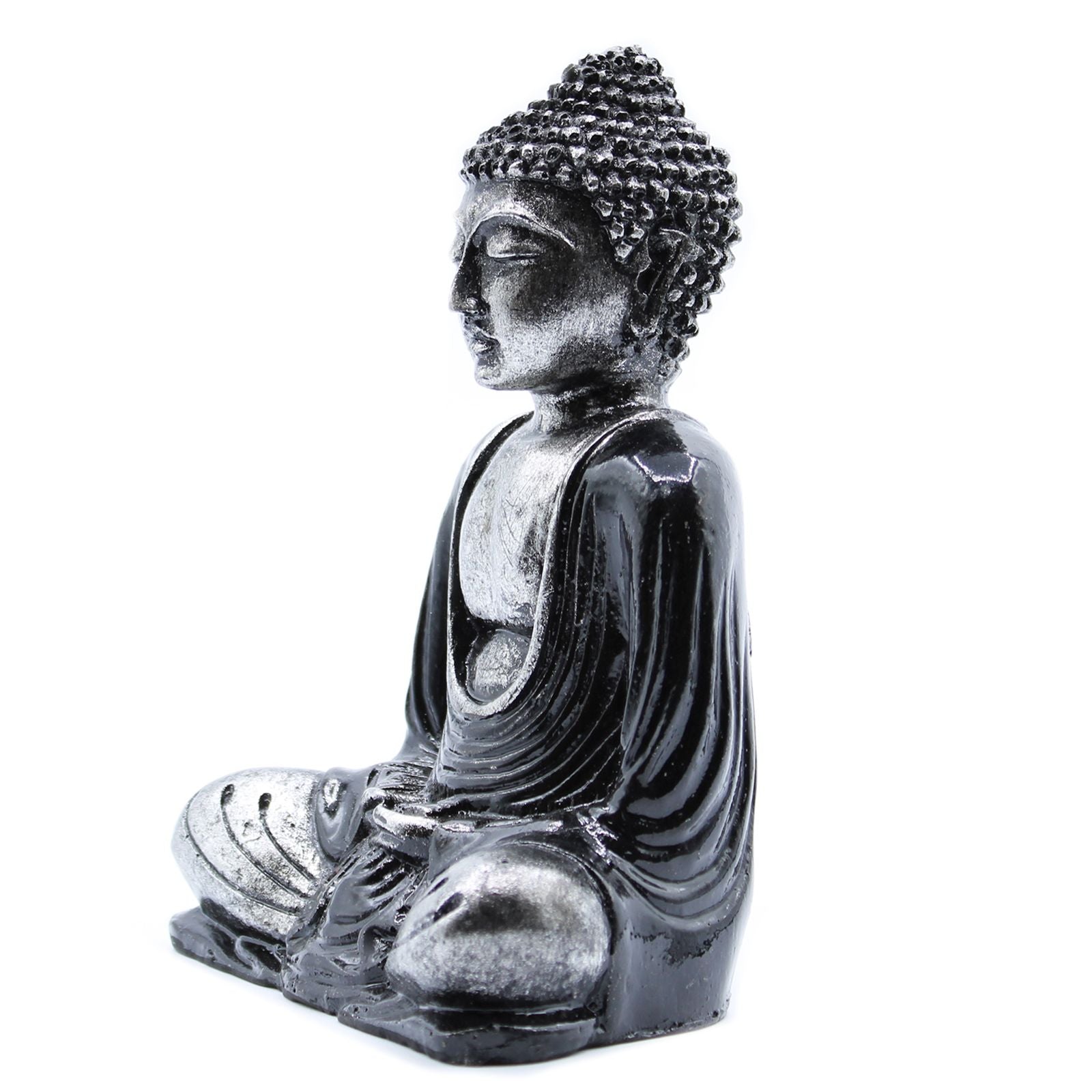 Alt Tag: Black & Grey Buddha Statue – Medium, black and grey seated Buddha figurine with textured hair and robe, side view